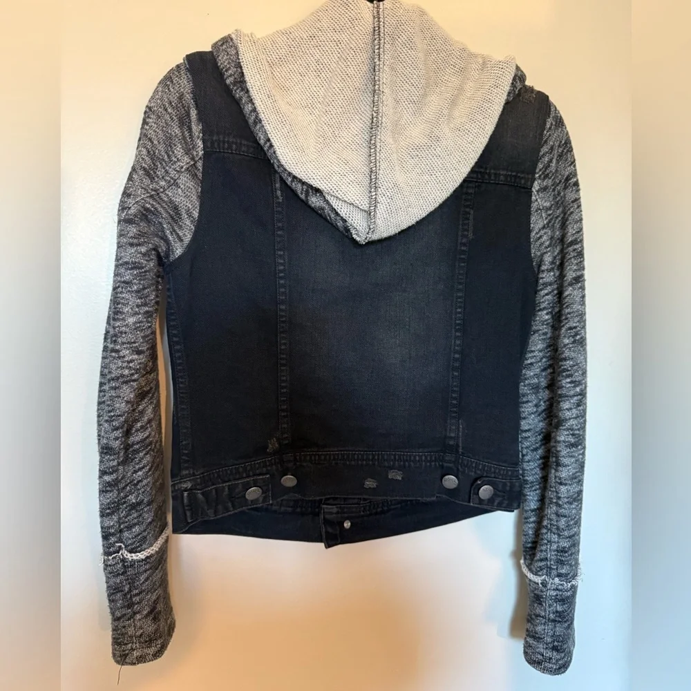 Free People Distressed Black Denim Jacket with Grey Knit Sleeves & Hood in XS